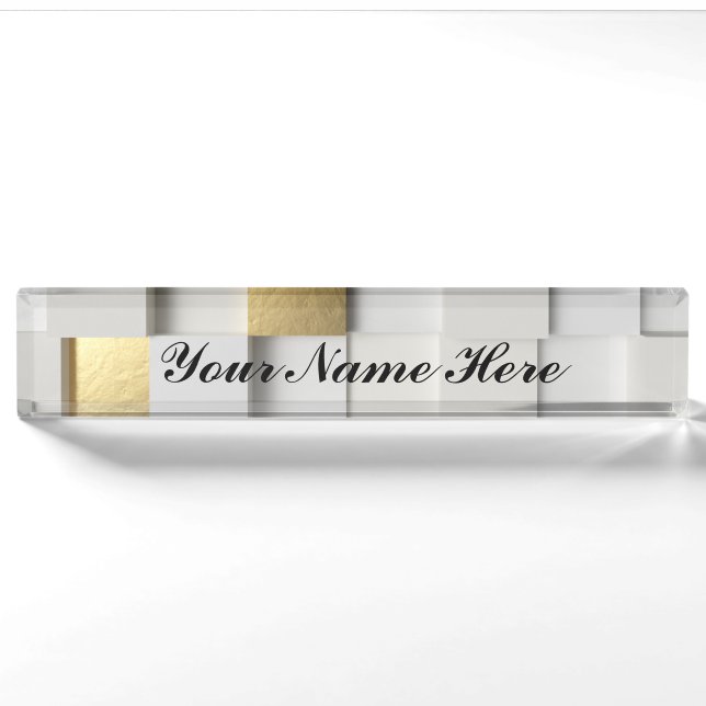 Elegantes Kunstweiß und -gold der Würfelwand 3D Namensplakette (Vorderseite)