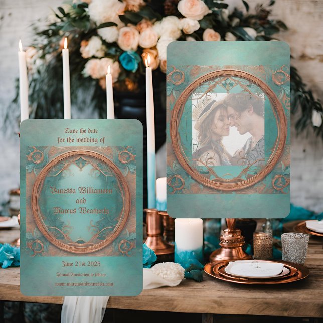 Elegantes Kupfer und Türkis Save the Date (Von Creator hochgeladen)