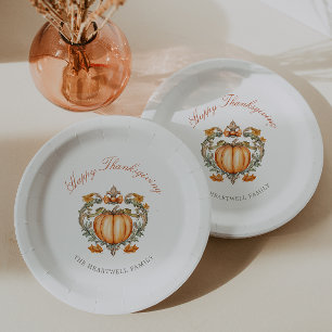 Elegantes Kürbis-Wappenschild-Skript Frohes Ernted Pappteller