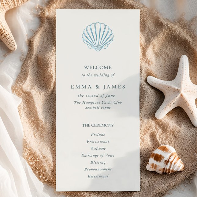 Elegantes Küstenblau-Muschel-Hochzeitsprogramm (Elegant Coastal Blue Seashell Wedding Program)