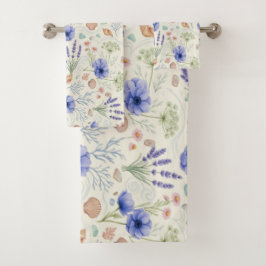 Elegantes Küstenblumen-Lavendel und Muscheln Somme Badhandtuch Set