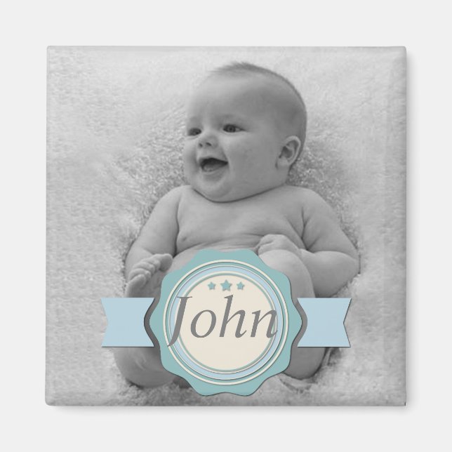 Elegantes Label Baby Foto Keepake - Blue Magnet (Vorne)