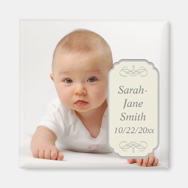Elegantes Label Baby Foto Keepake Magnet (Vorne)