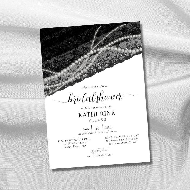 Elegantes Lace Pearl Schwarz-weiß Chic Brautparty Einladung (Von Creator hochgeladen)