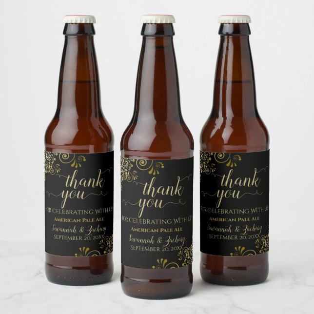 Elegantes Lacy Gold auf Black Wedding Vielen Dank Bierflaschenetikett (Flaschen)