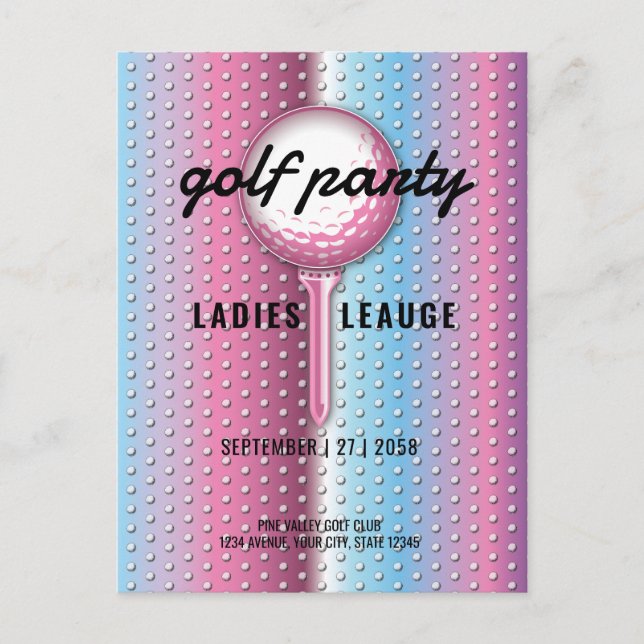Elegantes Ladys Golf Party Design Einladungspostkarte (Vorderseite)