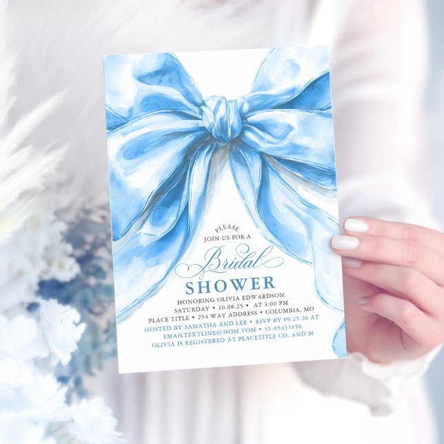 Elegantes Large Dusty Blue Bow Brautparty Einladung (Blue Bow Bridal Shower Invitation)