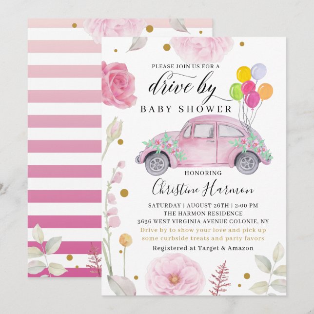 Elegantes Laufwerk mit Babydusche Parade Rosa Blüt Einladung (Vorne/Hinten)