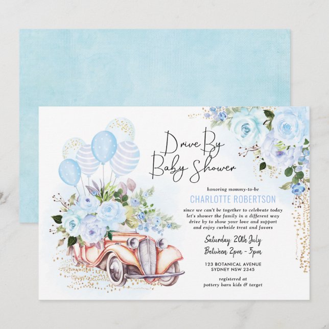 Elegantes Laufwerk von Baby Shower Blue Gold Flora Einladung (Vorne/Hinten)