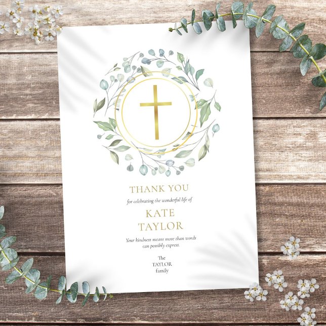 Elegantes Laurel Garland Beerdigung Gold Cross Dankeskarte (Elegant Laurel Garland Funeral Memorial Gold Cross Thank You Card)