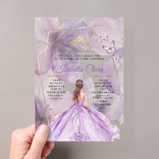 Elegantes Lavendel-Blumen-Quinceañera-Gold Acryleinladungen