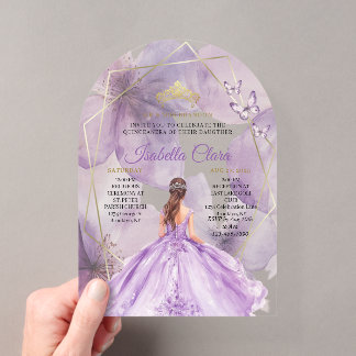 Elegantes Lavendel-Blumen-Quinceañera-Gold Acryleinladungen