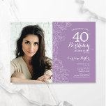 Elegantes Lavendel Lila Foto mit Blumenmuster 40.  Einladung<br><div class="desc">Lavendel lila florale Party Einladung 40. Geburtstag mit Ihrem Foto auf der Vorderseite der Karte. Elegantes modernes Design mit botanischen Kontur Zeichnungen Akzente und Typografie Drehbuch Schriftart. Einfache,  trendige Einladungskarte für eine stilvolle Damenfeier. Kann für jedes Alter angepasst werden. Gedruckte Zazzle Einladungen oder Sofortdownload digitalen druckbaren Vorlage.</div>