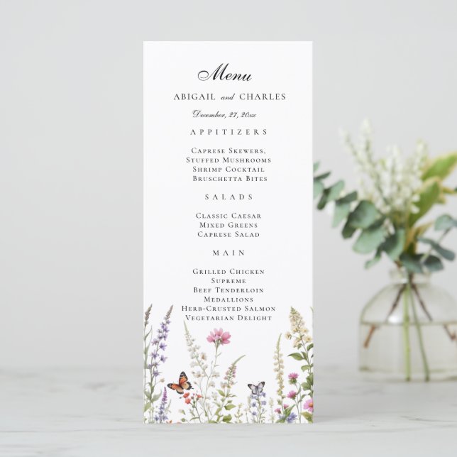 Elegantes Lavendel & Wildblume Bloom Menü Menükarte (Stehend Vorderseite)