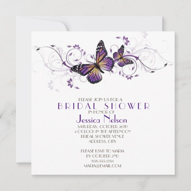 Elegantes Lavender Butterfly Wirbel Brautparty Einladung (Vorderseite)