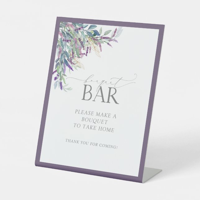 Elegantes Lavender Floral Brautparty Bouquet Bar Sockelschild (Vorderseite)