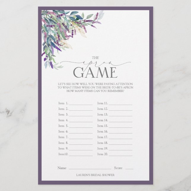 Elegantes Lavender Floral Brautparty Game (Vorderseite)