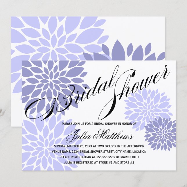 Elegantes Lavender Floral Burst Script-Brautparty Einladung (Vorne/Hinten)