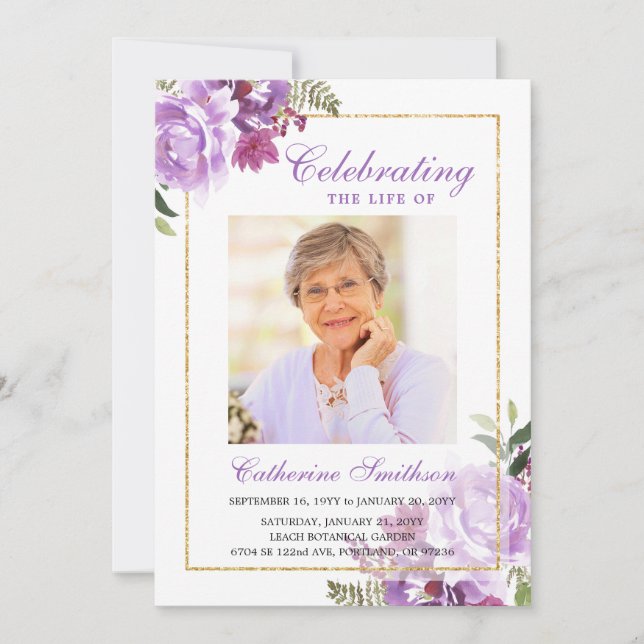 Elegantes Lavender Floral Printable Beerdigung Pro Ankündigung (Vorderseite)