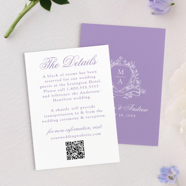 Elegantes Lavender Floral Wappen Hochzeitsdetails Begleitkarte (Von Creator hochgeladen)