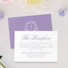 Elegantes Lavender Floral Wappen Hochzeitsempfang Begleitkarte