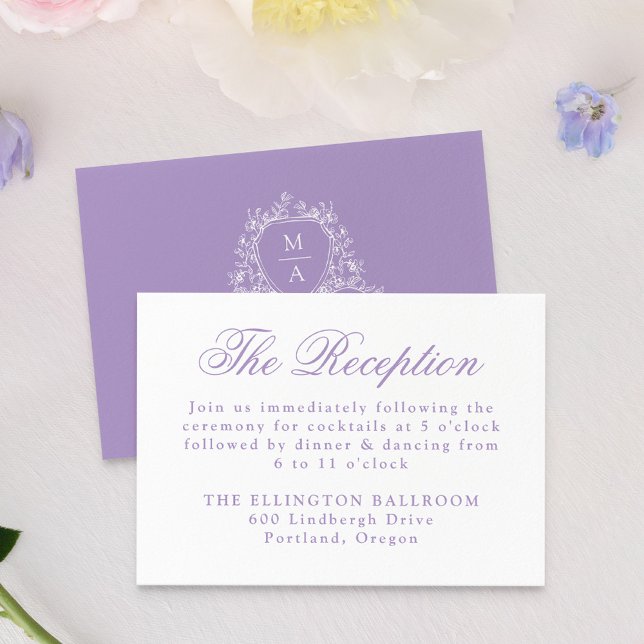 Elegantes Lavender Floral Wappen Hochzeitsempfang Begleitkarte (Von Creator hochgeladen)