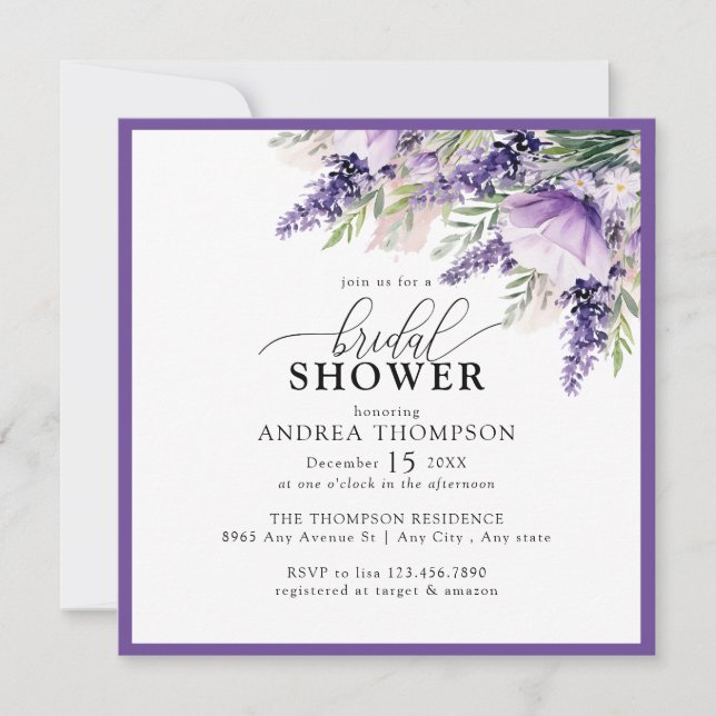 Elegantes Lavender Purple Flowers Brautparty Einladung (Vorderseite)