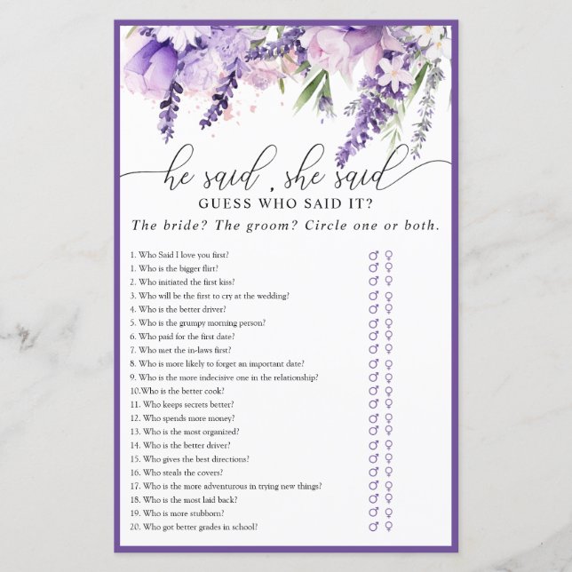 Elegantes Lavender Purple Flowers Brautparty Game (Vorderseite)