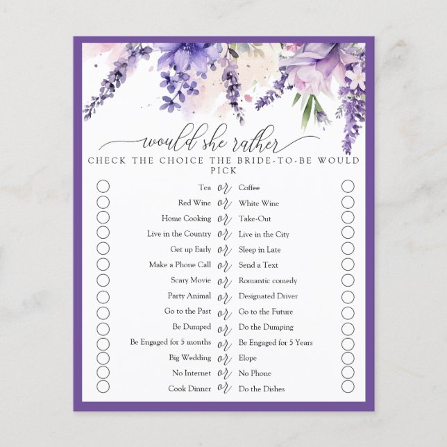 Elegantes Lavender Purple Flowers Brautparty Game (Vorderseite)