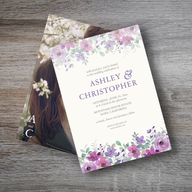 Elegantes Lavender Watercolor Foto Hochzeit Einladung (Von Creator hochgeladen)