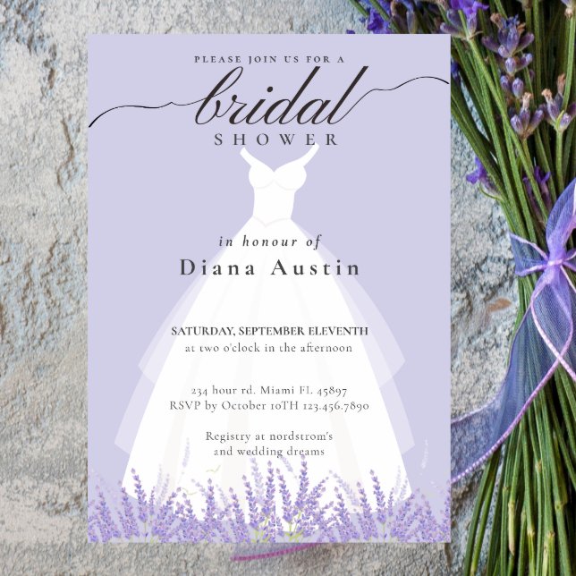Elegantes Lavender Wedding Dress Brautparty Einladung (Elegant Calligraphy Lavender Lilac Bridal Shower I Invitation)