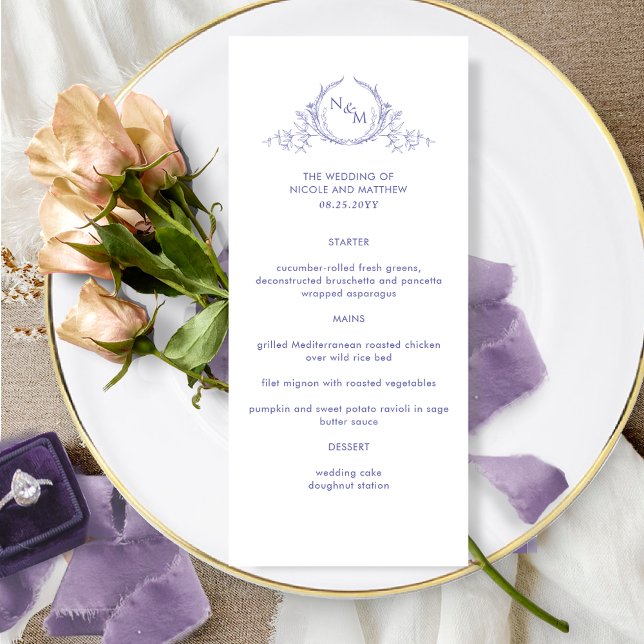 Elegantes Lavender Wedding Menü mit Monogram Menükarte (Von Creator hochgeladen)