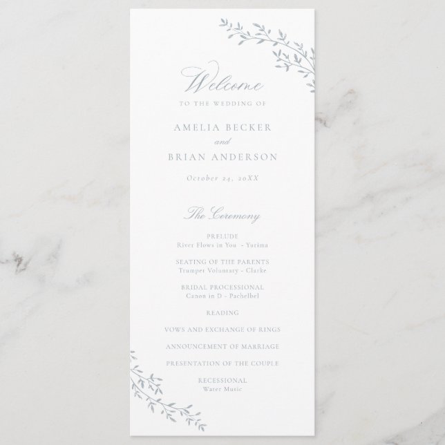 Elegantes Leaf Branch Dusty Blue Wedding Programm (Vorderseite)
