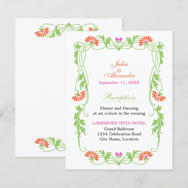 Elegantes Leaf Florals und Wirbel Empfang Cards Einladung (Vorne/Hinten)