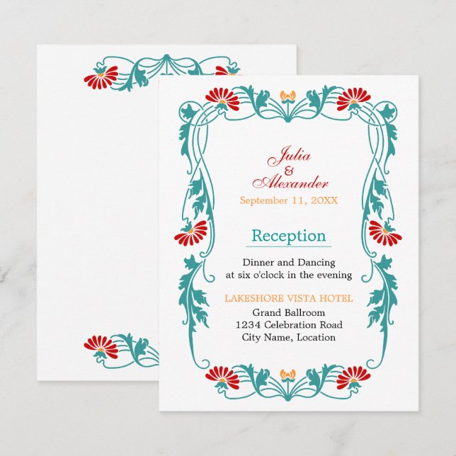 Elegantes Leaf Florals und Wirbel Empfang Cards Einladung (Vorne/Hinten)