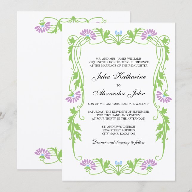 Elegantes Leaf Florals und Wirbel Hochzeitsfeier Einladung (Vorne/Hinten)