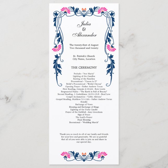 Elegantes Leaf Florals und Wirbel Hochzeitsprogram Programm (Vorderseite)