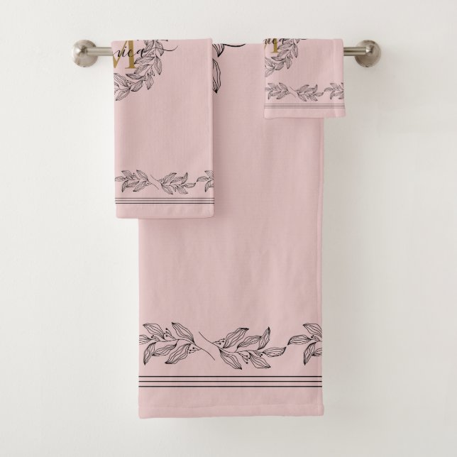 Elegantes Leaf Illustration Floral Monogram Pink Badhandtuch Set (Insitu)
