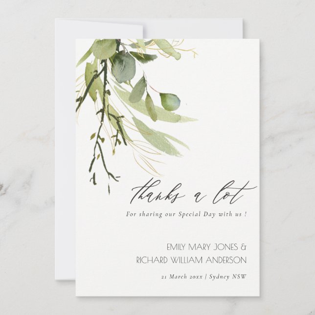 ELEGANTES LEAFEN GREEN FOLIAGE WATERCOLOR WEDD DANKESKARTE (Vorderseite)