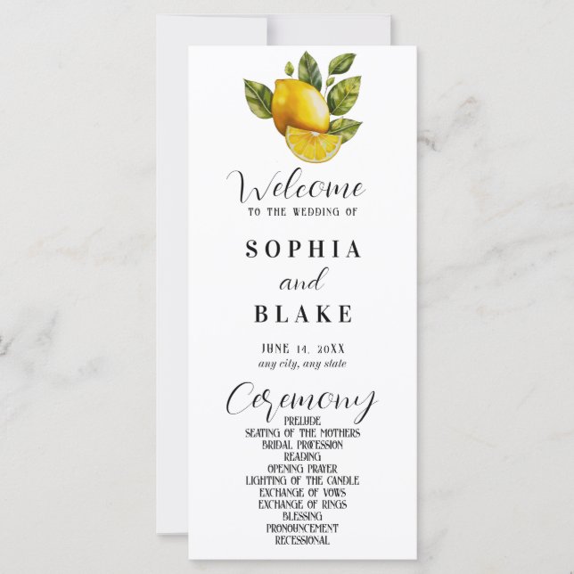 Elegantes Lemon & Greenery White Wedding Programm (Vorderseite)