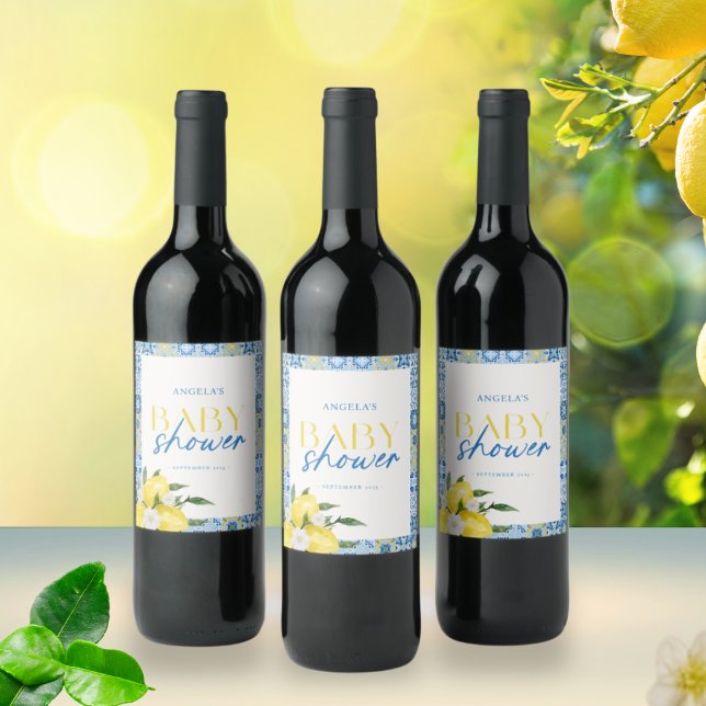 Elegantes Lemon Mediterranean Baby Shower Wine Lab Weinetikett (Von Creator hochgeladen)