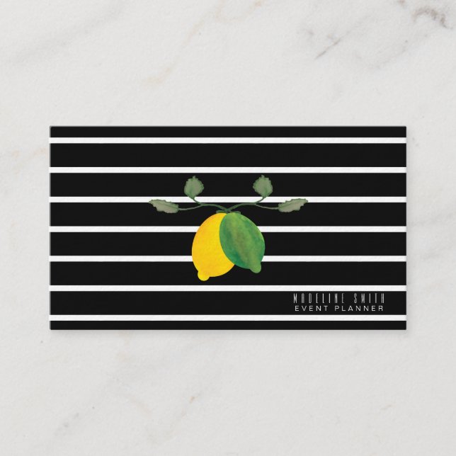 Elegantes Lemon Wasserfarben Streifen schwarz Visitenkarte (Vorderseite)
