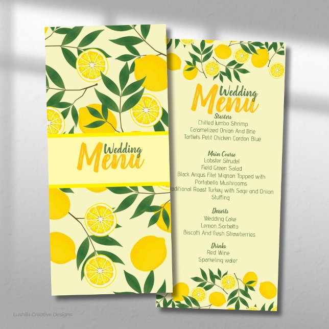 Elegantes Lemon Wedding Flat Menu Menükarte (Von Creator hochgeladen)