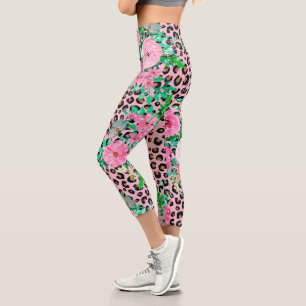 Elegantes Leopard Print & Floral Paint Design Rosa Capri Leggings