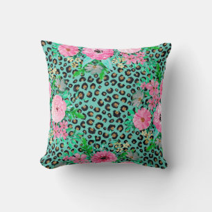 Elegantes Leopard Print & Floral Paint Mint Design Kissen
