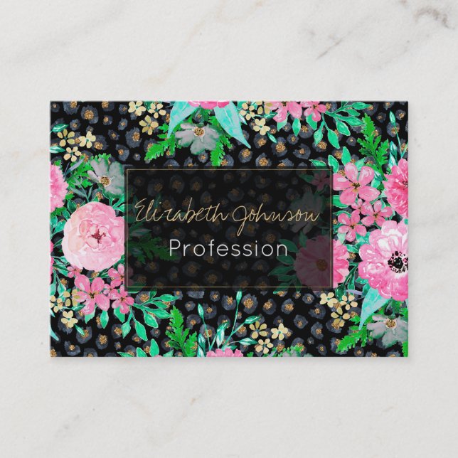 Elegantes Leopard Print & Pink Floral Black Design Visitenkarte (Vorderseite)