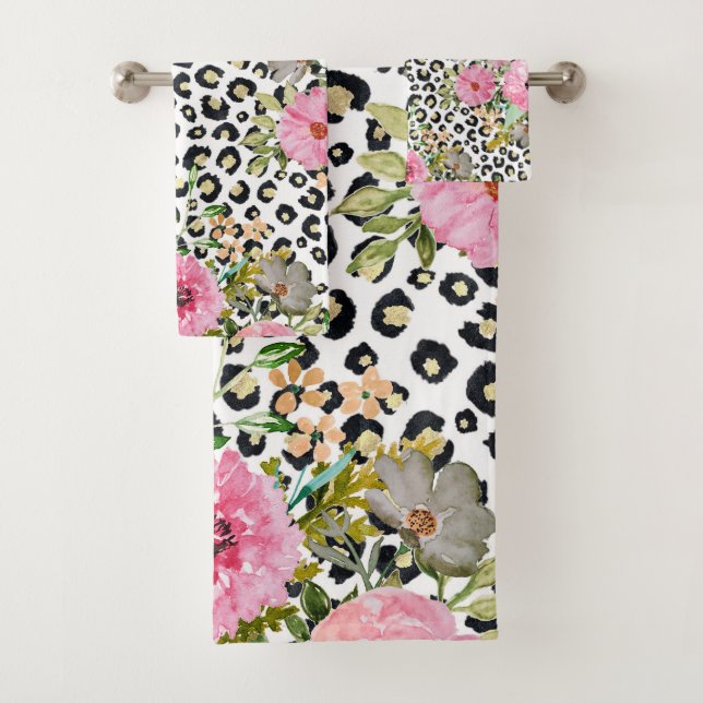 Elegantes Leopard Print und Blumendesign Badhandtuch Set (Insitu)