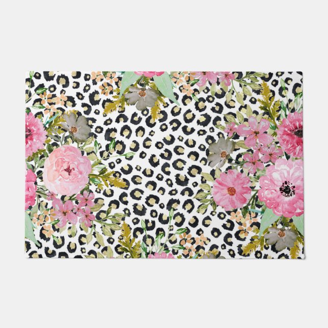 Elegantes Leopard Print und Blumendesign Fußmatte (Vorderseite)