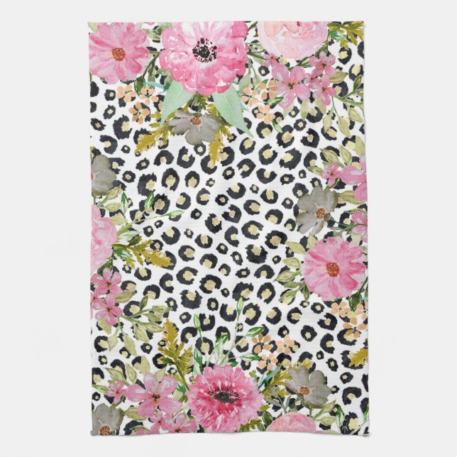 Elegantes Leopard Print und Blumendesign Geschirrtuch (Vertikal)