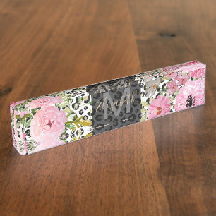 Elegantes Leopard Print und Blumendesign Namensplakette